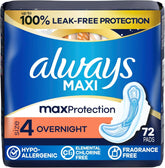 Always Maxi Overnight Feminine Pads with Wings for Women, Size 4, Overnight Absorbency, Unscented, Up to 100% Leak-Free Protection, 72 Count