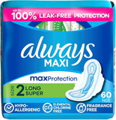 Always Maxi Feminine Pads with Wings for Women, Size 2, Long Super Absorbency, Unscented 60 Count