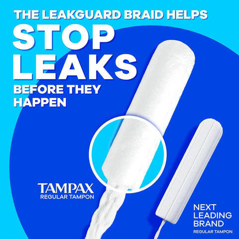 Tampax Compact Pearl Tampons for Women Multipack, with LeakGuard Braid & Extendable Applicator, Regular/Super Absorbency, Compact Extendable Applicator, Unscented, 45 Count